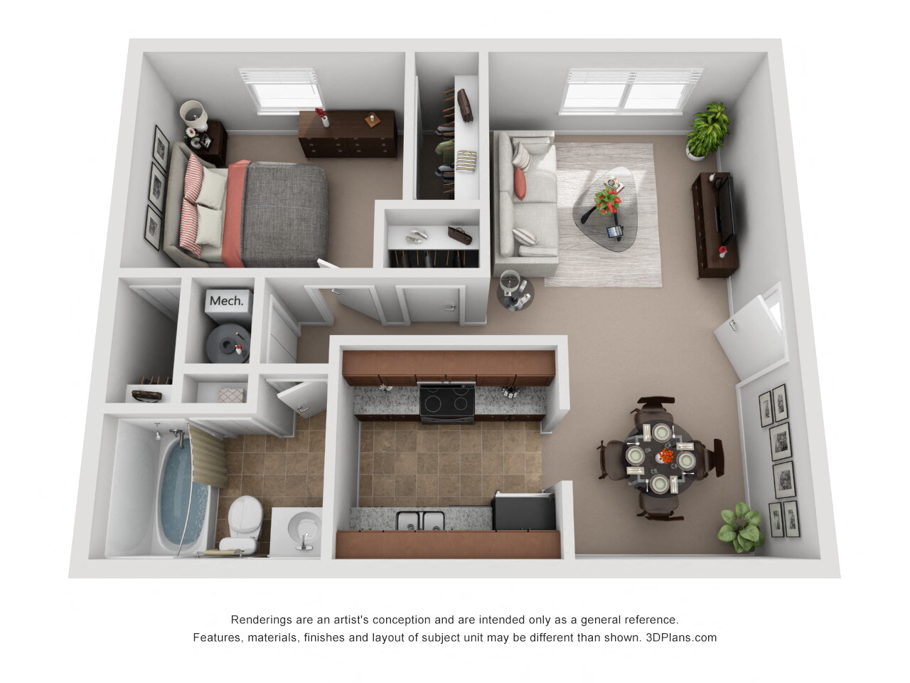 Floor plan for 1 bed, 1 bath, 726 sqft
